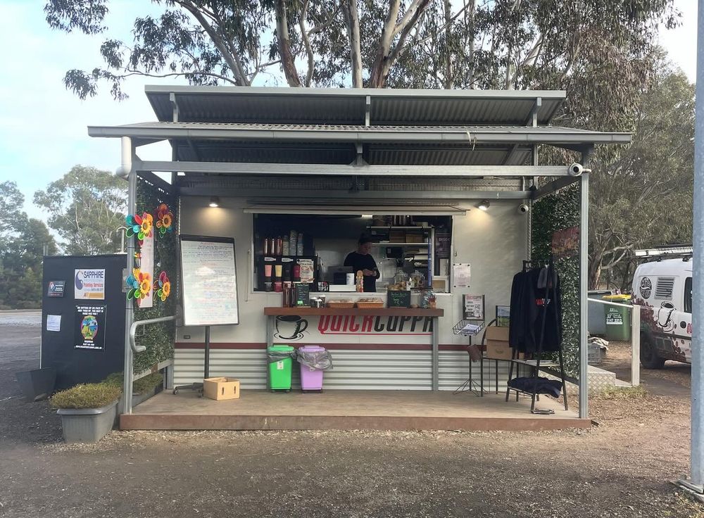 Quick Cuppa & More coffee van on Davis Street, Heyfield, lit up in the evening